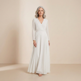 Vestido Maxi de Manga Longa em Marfim Puro - Elegante Vestido de Noiva e Formal com Decote Cruzado