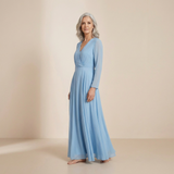 Vestido Maxi de Manga Longa Azul Sereno - Elegante Vestido Formal com Decote Envolvente