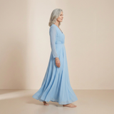 Vestido Maxi de Manga Longa Azul Sereno - Elegante Vestido Formal com Decote Envolvente