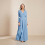 Vestido Maxi de Manga Longa Azul Sereno - Elegante Vestido Formal com Decote Envolvente