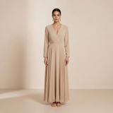 Vestido Maxi de Manga Longa em Champagne Atemporal - Elegante Vestido Formal com Frente Envolvente