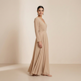 Vestido Maxi de Manga Longa em Champagne Atemporal - Elegante Vestido Formal com Frente Envolvente