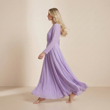 Vestido Maxi de Manga Longa Lavanda Nevoenta - Elegante Vestido Formal de Chiffon com Frente Envolvente