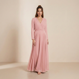 Vestido Maxi Chiffon Rosa Pálido de Manga Longa - Vestido Formal Romântico com Decote Cruzado