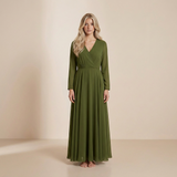 Maxi Vestido Verde Oliva Terrestre de Manga Longa - Vestido de Noite Modesto e Fluido