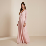 Vestido Maxi Chiffon Rosa Pálido de Manga Longa - Vestido Formal Romântico com Decote Cruzado
