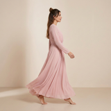 Vestido Maxi Chiffon Rosa Pálido de Manga Longa - Vestido Formal Romântico com Decote Cruzado