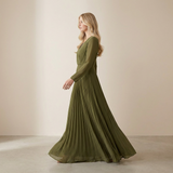 Maxi Vestido Verde Oliva Terrestre de Manga Longa - Vestido de Noite Modesto e Fluido