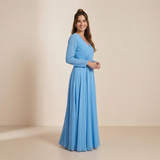 Vestido Maxi de Manga Longa Azul Céu Celestial - Vestido de Chiffon com Envolvimento Sonhador
