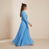 Vestido Maxi de Manga Longa Azul Céu Celestial - Vestido de Chiffon com Envolvimento Sonhador