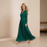 Vestido Formal de Manga Longa Esmeralda Majestosa - Elegante Chiffon com Decote Cruzado