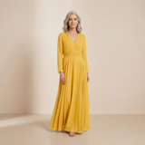 Vestido Maxi Dourado Ocre de Manga Longa - Vestido Formal Sofisticado com Frente Envolvente