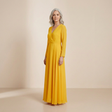 Vestido Maxi Dourado Ocre de Manga Longa - Vestido Formal Sofisticado com Frente Envolvente
