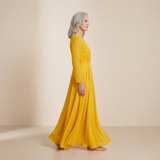Vestido Maxi Dourado Ocre de Manga Longa - Vestido Formal Sofisticado com Frente Envolvente