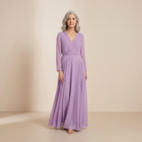 Vestido Maxi Lavanda Etérea com Frente Envolvente - Vestido de Chiffon Sofisticado com Mangas Longas