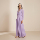 Vestido Maxi Lavanda Etérea com Frente Envolvente - Vestido de Chiffon Sofisticado com Mangas Longas