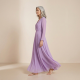 Vestido Maxi Lavanda Etérea com Frente Envolvente - Vestido de Chiffon Sofisticado com Mangas Longas