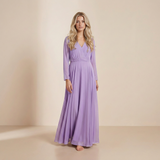 Vestido Maxi de Manga Longa Lavanda Nevoenta - Elegante Vestido Formal de Chiffon com Frente Envolvente